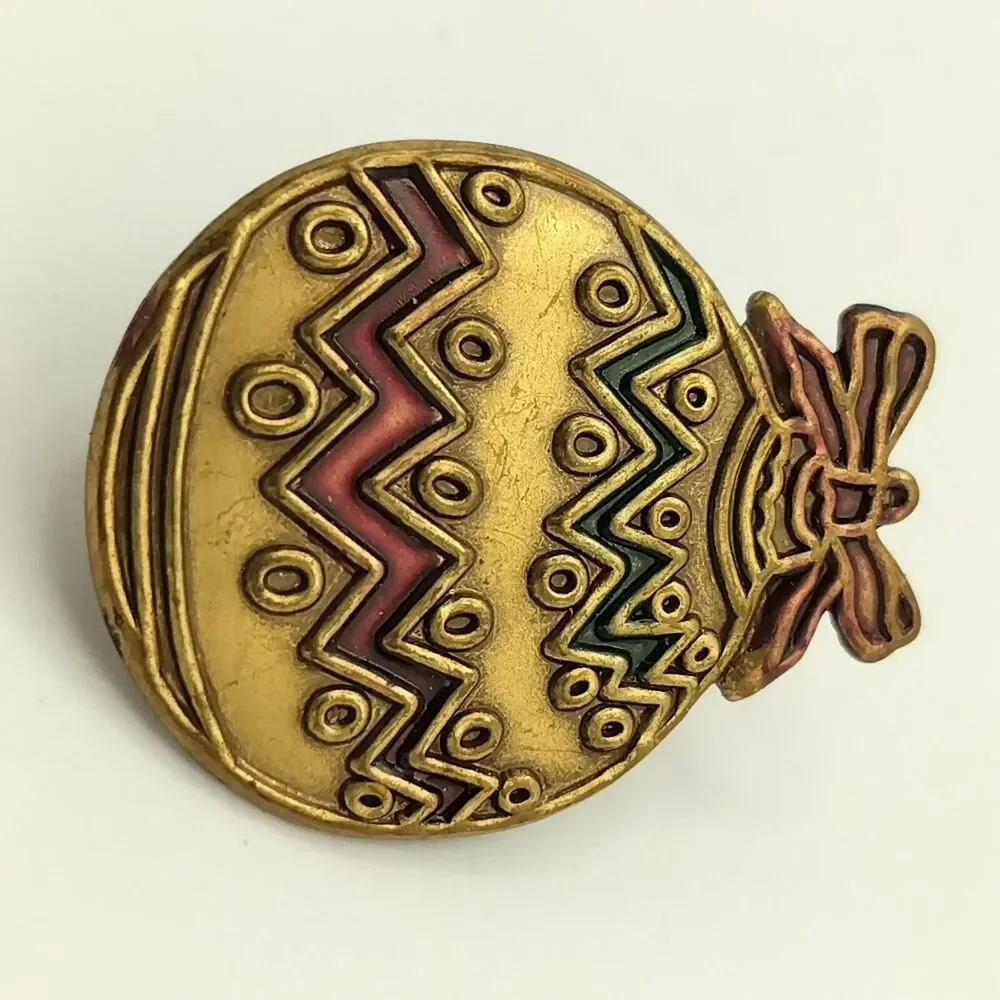 Vintage Christmas Ornament Pin Brooch Gold Red Green Festive Holiday Charm